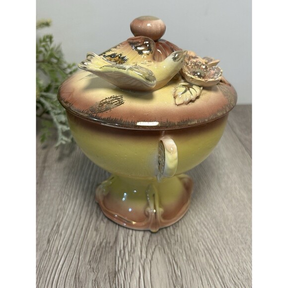 Vintage Betson Hand Painted Porcelain Lidded Box Bird & Flowers Yellow Pink Gold - Picture 3 of 10